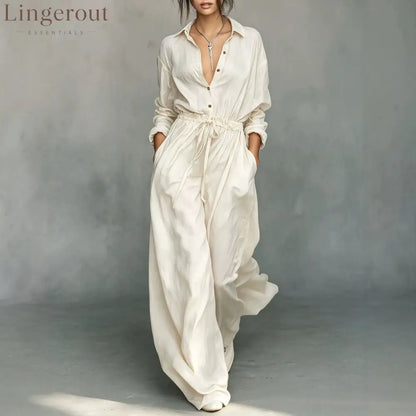 Belted Shirt & Wide Pants Matching Set - White / XS