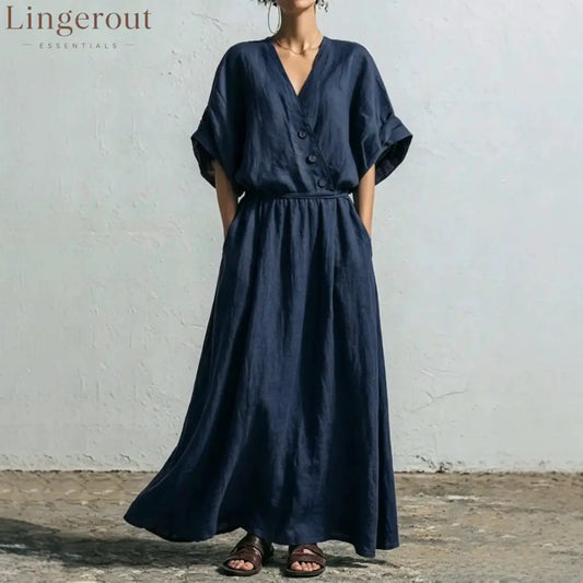 Belted Wrap Linen Blend Pocket Maxi Dress