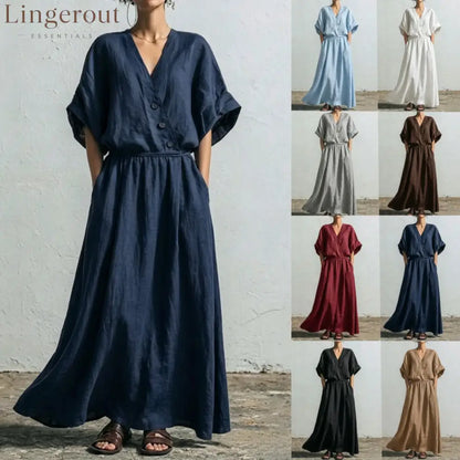 Belted Wrap Linen Blend Pocket Maxi Dress