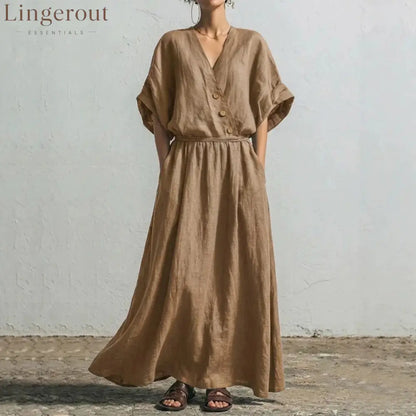 Belted Wrap Linen Blend Pocket Maxi Dress