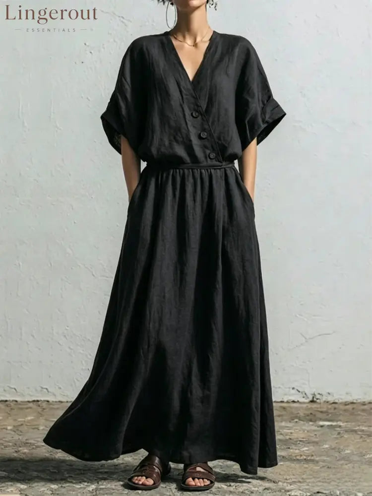 Belted Wrap Linen Blend Pocket Maxi Dress - Black / S