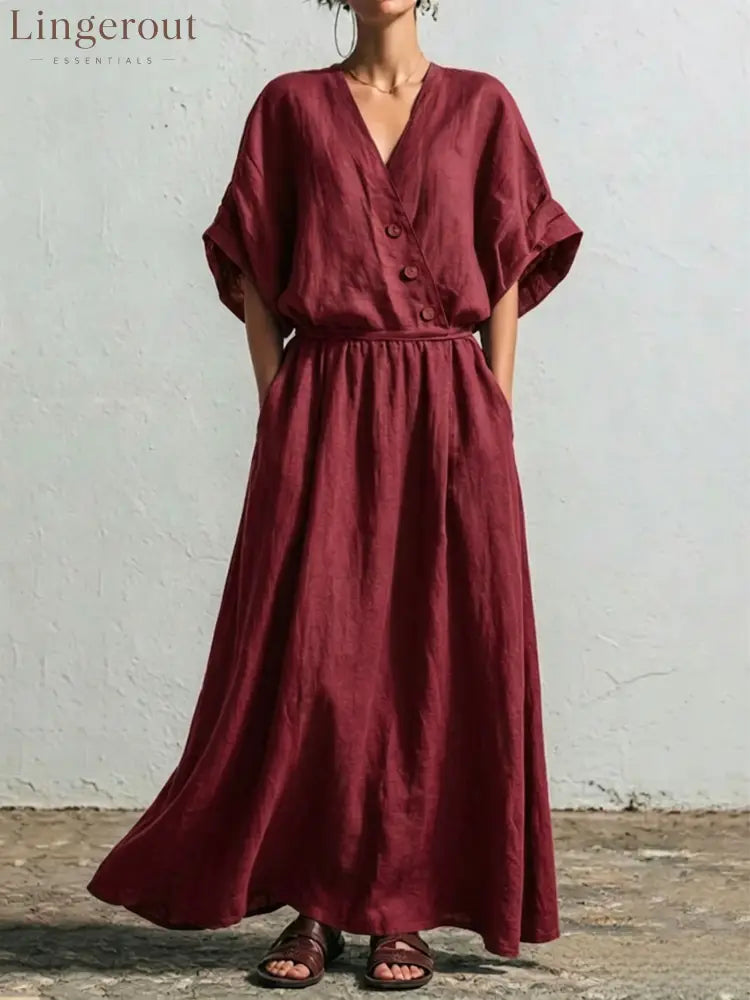 Belted Wrap Linen Blend Pocket Maxi Dress - Claret / S