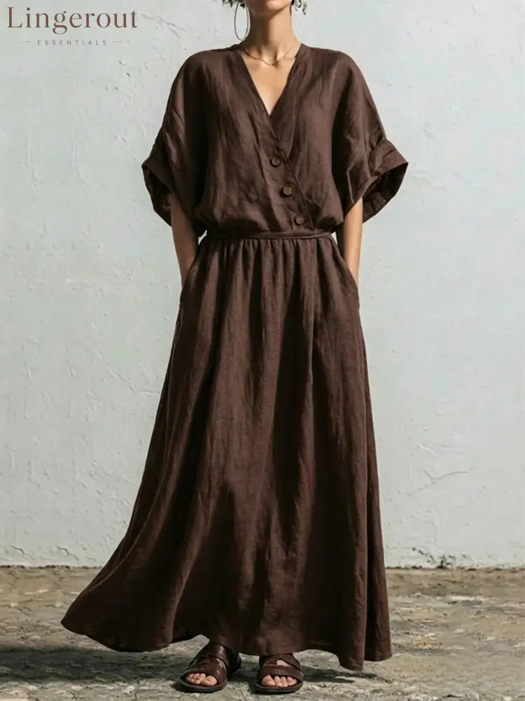 Belted Wrap Linen Blend Pocket Maxi Dress - Dark brown / S