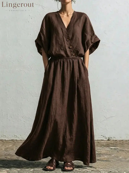 Belted Wrap Linen Blend Pocket Maxi Dress - Dark brown / S