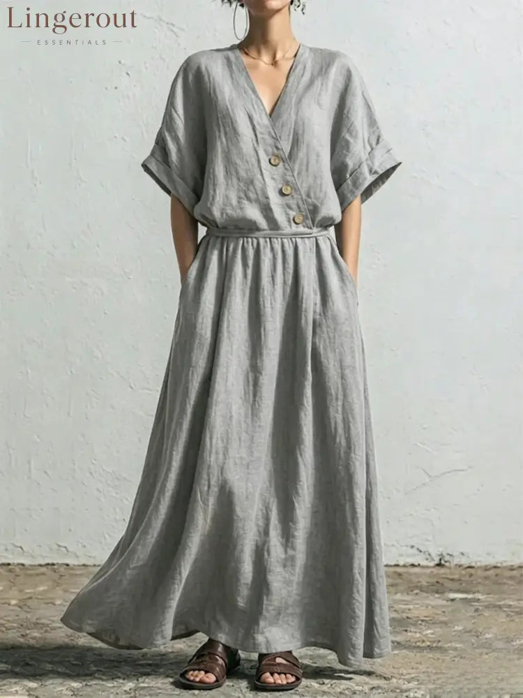 Belted Wrap Linen Blend Pocket Maxi Dress - Grey / S