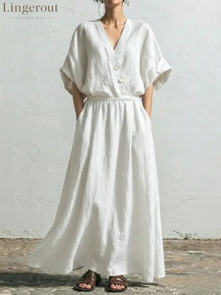 Belted Wrap Linen Blend Pocket Maxi Dress - White / S