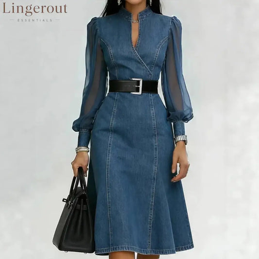 Belted Wrap V Neck Flared Hem Business Casual Dress