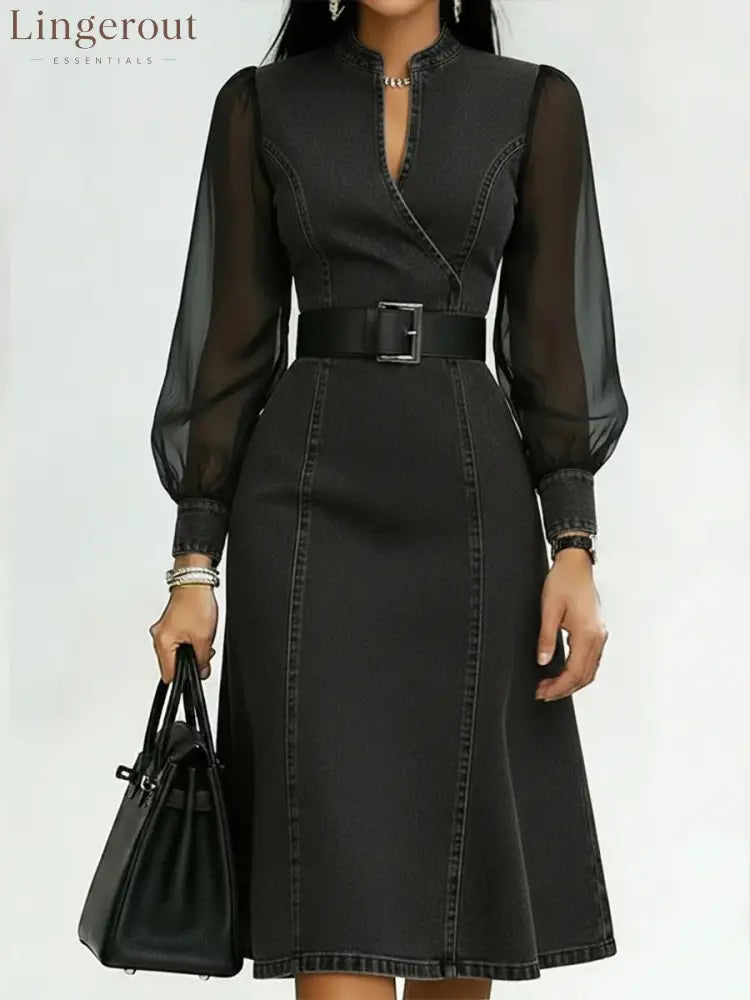 Belted Wrap V Neck Flared Hem Business Casual Dress - Black / S