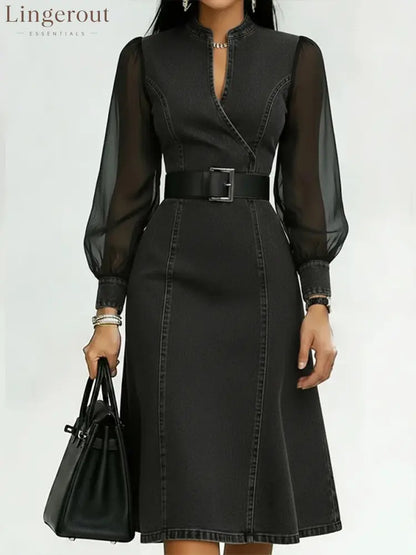 Belted Wrap V Neck Flared Hem Business Casual Dress - Black / S