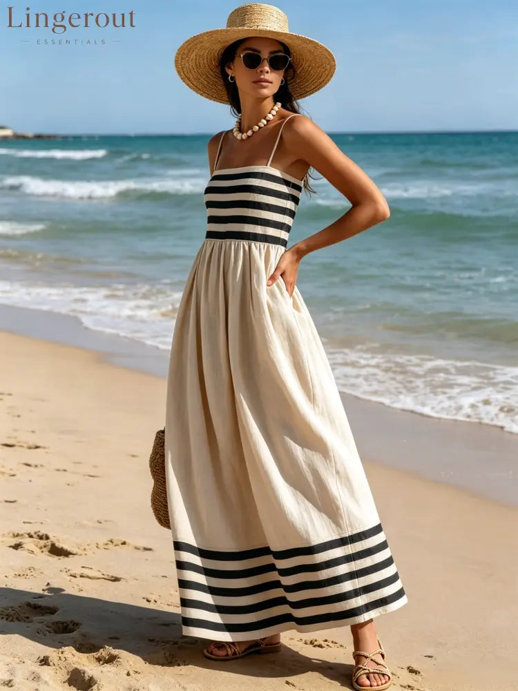 Black And Beige Stripe Spaghetti Strap Maxi Dress - Sleeveless Maxi Dress