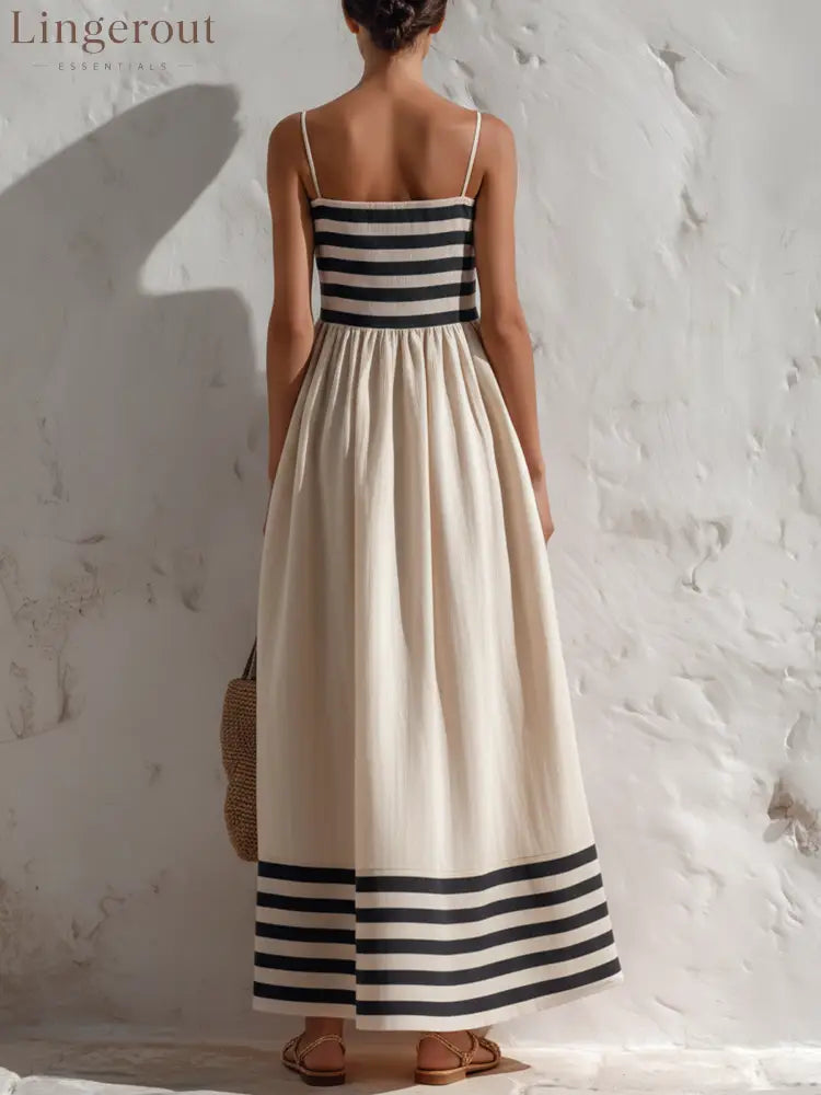 Black And Beige Stripe Spaghetti Strap Maxi Dress - Sleeveless Maxi Dress