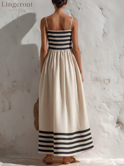 Black And Beige Stripe Spaghetti Strap Maxi Dress - Sleeveless Maxi Dress