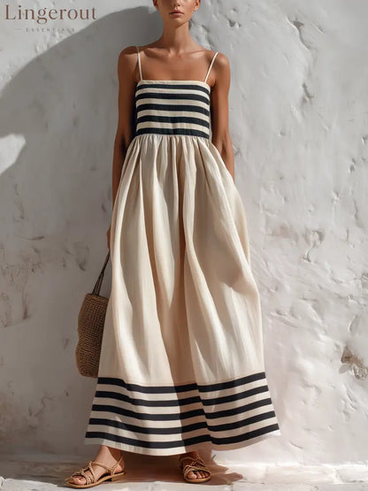 Black And Beige Stripe Spaghetti Strap Maxi Dress - BEIGE / XS - Sleeveless Maxi Dress
