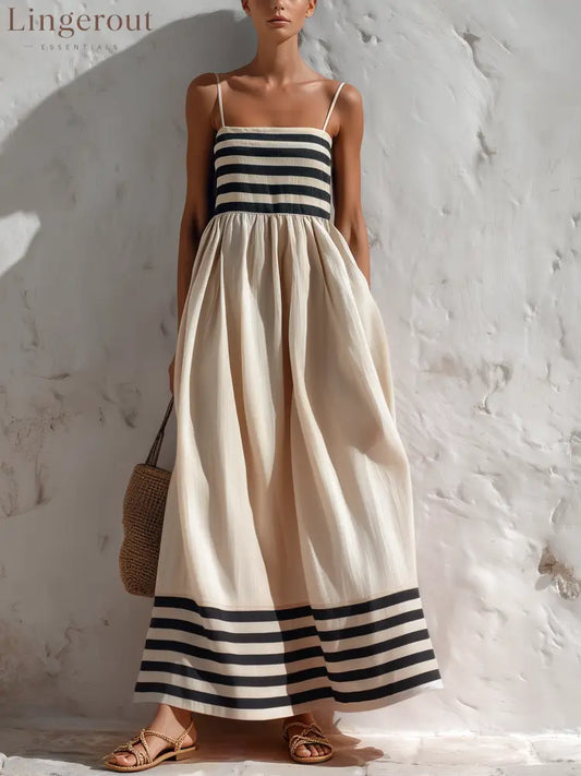 Black And Beige Stripe Spaghetti Strap Maxi Dress - BEIGE / XS - Sleeveless Maxi Dress