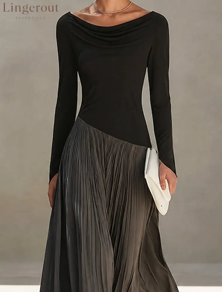 Black And Gray Two-tone Patchwork Draped Neckline Pleated Maxi Dress - Maxi Dress