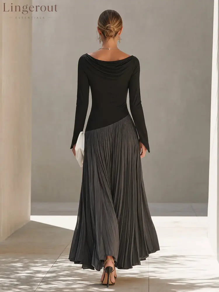 Black And Gray Two-tone Patchwork Draped Neckline Pleated Maxi Dress - Maxi Dress