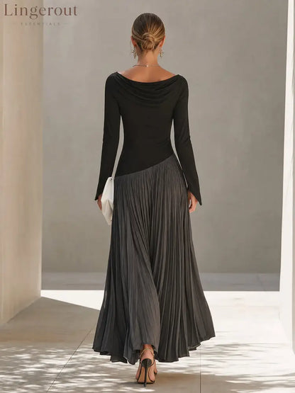 Black And Gray Two-tone Patchwork Draped Neckline Pleated Maxi Dress - Maxi Dress