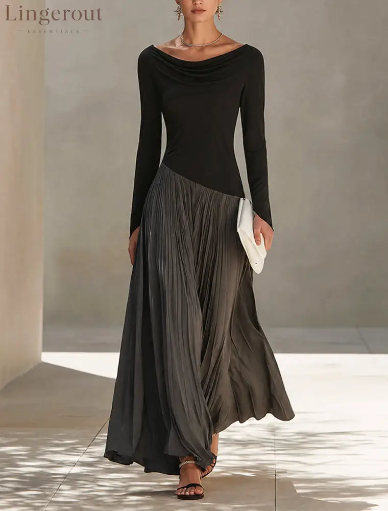 Black And Gray Two-tone Patchwork Draped Neckline Pleated Maxi Dress - Grey / XS - Maxi Dress