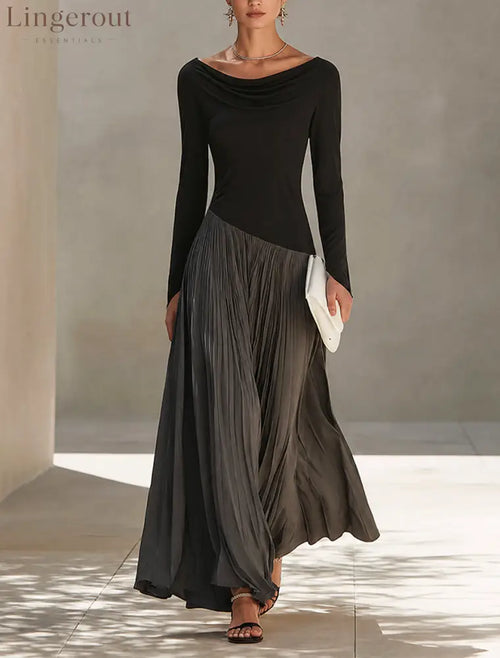 Black And Gray Two-tone Patchwork Draped Neckline Pleated Maxi Dress - Grey / XS - Maxi Dress