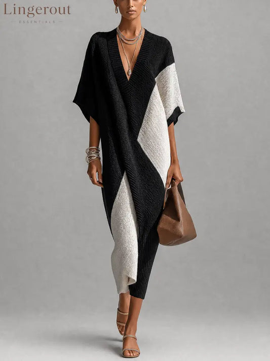 Black And White Textured Colorblock V-Neck Midi Dress
