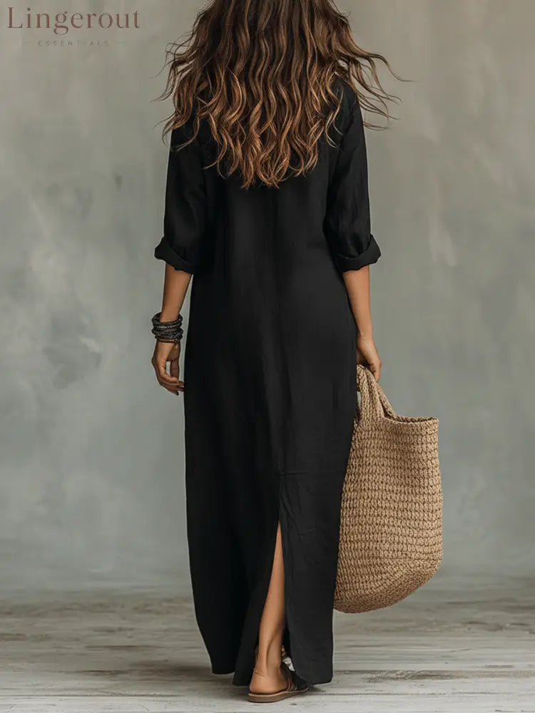 Black Button-Front Bohemian Shirt Maxi Dress