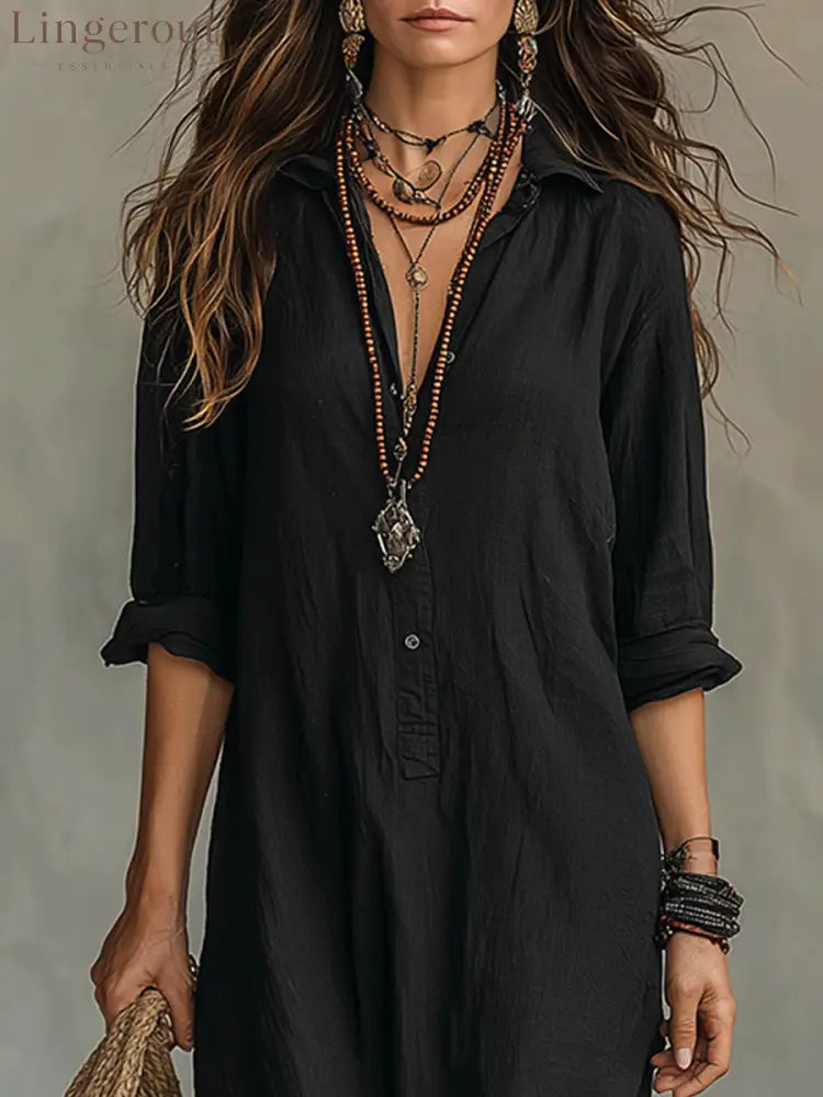 Black Button-Front Bohemian Shirt Maxi Dress