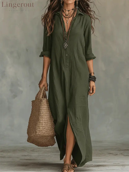 Black Button-Front Bohemian Shirt Maxi Dress - Green / S