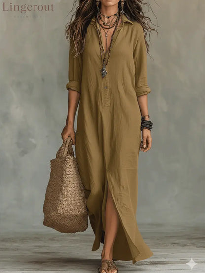 Black Button-Front Bohemian Shirt Maxi Dress - Khaki / S