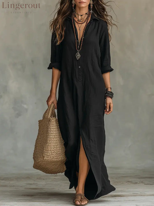 Black Button-Front Bohemian Shirt Maxi Dress - Black / S