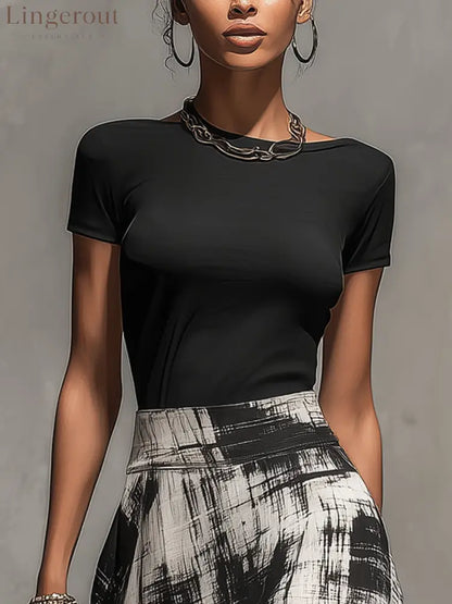 Black Chiffon Abstract Plaid Print Skirt And T-Shirt Set