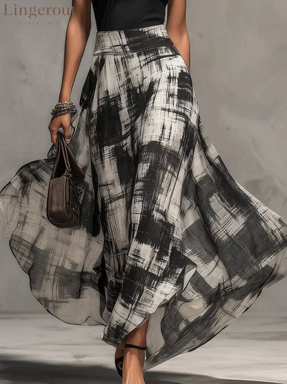 Black Chiffon Abstract Plaid Print Skirt And T-Shirt Set