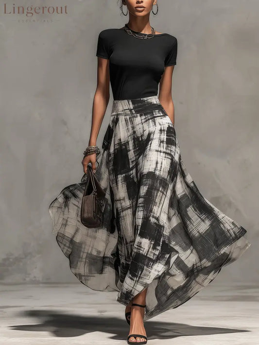 Black Chiffon Abstract Plaid Print Skirt And T-Shirt Set - Black / XS(2)