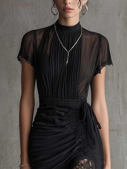 Black Chiffon Pleated Waist Lace-trimmed Mini Dress