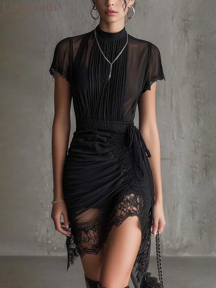 Black Chiffon Pleated Waist Lace-trimmed Mini Dress - Black / XS(2)
