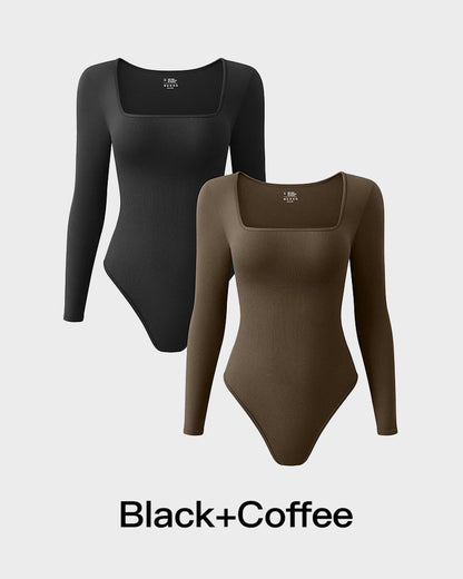 Hugmecurve® Ribbed Square Neck Long Sleeve Bodysuit