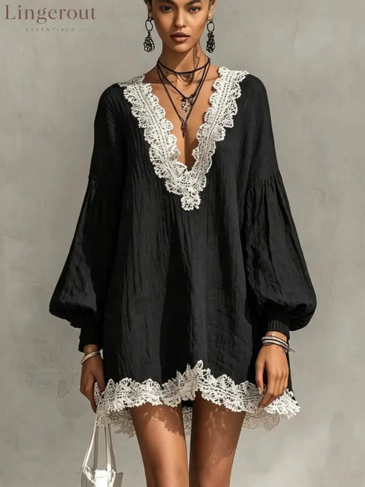 Black Contrast Lace Trim Crinkled Tunic Mini Dress