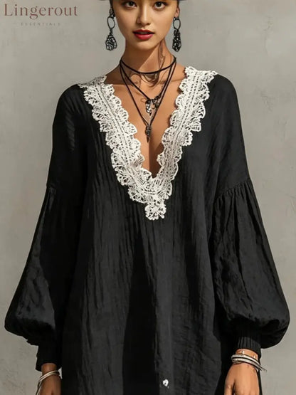 Black Contrast Lace Trim Crinkled Tunic Mini Dress
