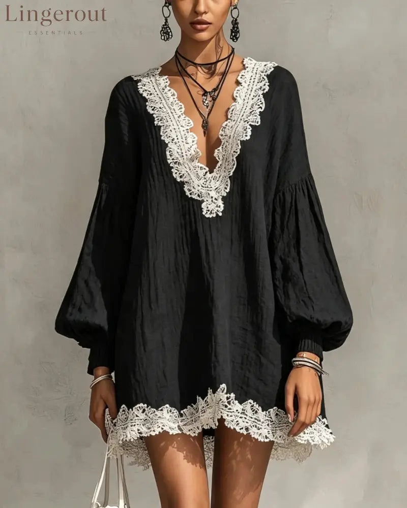 Black Contrast Lace Trim Crinkled Tunic Mini Dress - black / S