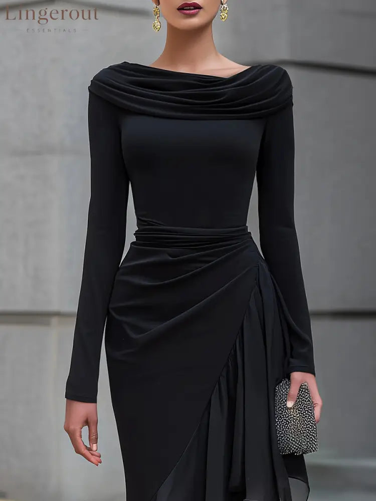 Black Draped Off Shoulder Cowl Neck Long Sleeve Chiffon Ruffle Mermaid Maxi Dress - Maxi Dress