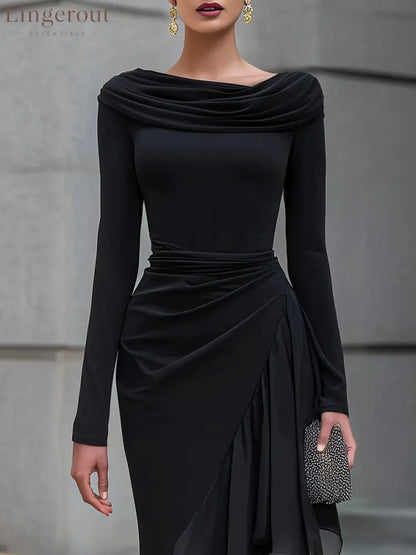 Black Draped Off Shoulder Cowl Neck Long Sleeve Chiffon Ruffle Mermaid Maxi Dress - Maxi Dress