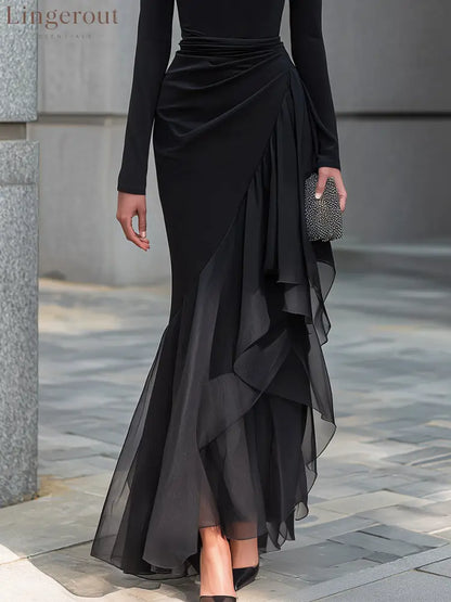 Black Draped Off Shoulder Cowl Neck Long Sleeve Chiffon Ruffle Mermaid Maxi Dress - Maxi Dress