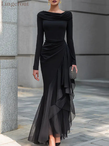 Black Draped Off Shoulder Cowl Neck Long Sleeve Chiffon Ruffle Mermaid Maxi Dress - Black / S(4-6) - Maxi Dress