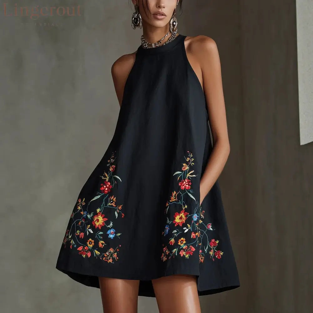 Black Embroidered Floral Halter Mini Dress