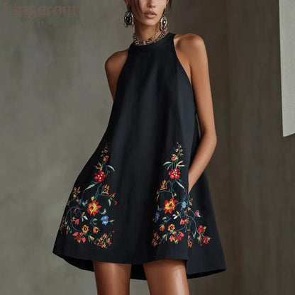 Black Embroidered Floral Halter Mini Dress