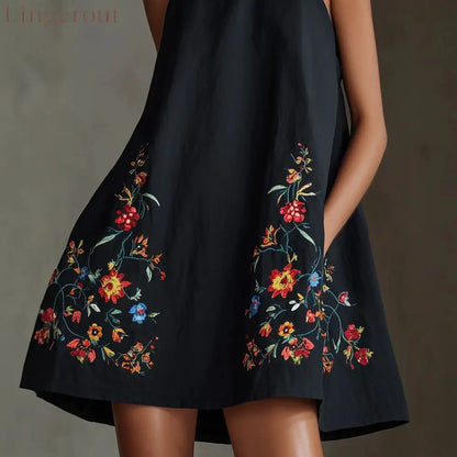 Black Embroidered Floral Halter Mini Dress