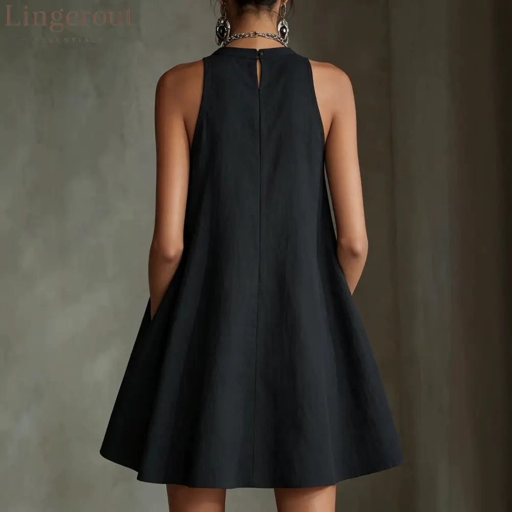Black Embroidered Floral Halter Mini Dress