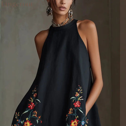 Black Embroidered Floral Halter Mini Dress