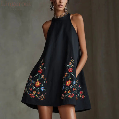 Black Embroidered Floral Halter Mini Dress