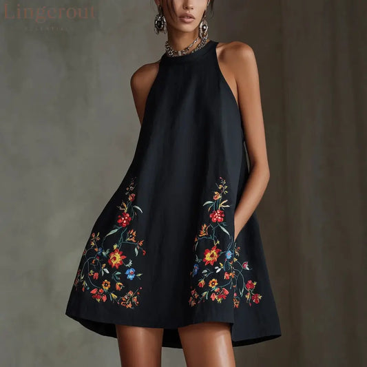 Black Embroidered Floral Halter Mini Dress