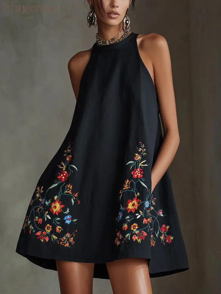 Black Embroidered Floral Halter Mini Dress - Black / S